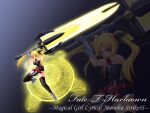  1girl arm_belt armored_gloves armored_shoes bardiche_(nanoha) bardiche_(zanber_form)_(nanoha) belt blonde_hair breasts character_name copyright_name energy_sword fate_testarossa fate_testarossa_(true_sonic_form) full_body hayami_kyuuen highres holding holding_sword holding_weapon large_breasts lyrical_nanoha magic_circle magical_girl mahou_shoujo_lyrical_nanoha_strikers red_belt red_eyes solo sword thigh-highs twintails weapon zoom_layer 