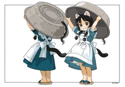  1girl :d akai_sashimi animal_ear_fluff animal_ears apron aqua_dress arms_up artist_name black_border black_hair blush border bow_apron braid braided_twintails brown_eyes carrying_overhead cat_ears cat_girl cat_tail dress eel facing_away flip-flops frilled_apron frills full_body grin hair_over_shoulder hair_ribbon holding light_blush looking_at_viewer multiple_views original outside_border parted_lips petticoat pocket puffy_short_sleeves puffy_sleeves ribbon sandals short_sleeves signature simple_background smile solo_focus standing tail twin_braids washtub white_apron white_background white_ribbon 