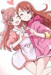  2girls green_eyes hair_bun heart heart_hands highres hijiri_ageha hirogaru_sky!_precure hood hoodie jacket jacket_over_hoodie long_hair long_sleeves looking_at_viewer multiple_girls nijigaoka_mashiro one_eye_closed open_clothes open_mouth pink_hair pink_hoodie pink_jacket pink_shorts precure puffy_long_sleeves puffy_sleeves sailor_collar shorts simple_background teeth two-tone_dress uraki white_background 