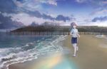  1girl :d beach black_shorts blue_sky clenched_hands clouds cloudy_sky fence flower footprints game_cg green_eyes green_sleeves hair_flower hair_ornament highres jogging lens_flare link!_like!_love_live! long_hair looking_ahead love_live! official_art open_mouth otomune_kozue purple_hair red_flower sand shirt shoes short_sleeves shorts side_ponytail sidelocks sky smile sneakers solo third-party_source virtual_youtuber white_footwear white_shirt wide_shot 