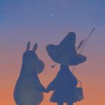  1boy animal dusk hat highres holding_hands moomin moomintroll seishukusei snufkin star_(sky) 