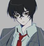  1boy bags_under_eyes black_coat black_eyes black_hair black_vest closed_mouth coat collared_shirt grey_background limbus_company necktie official_art portrait project_moon red_necktie shirt simple_background solo vellmori vest white_shirt yi_sang_(project_moon) 