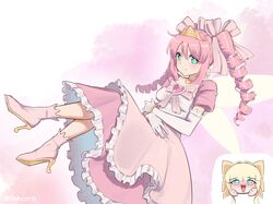  2girls absurdres alternate_costume blue_eyes blush bow bracelet choker dress drill_hair elbow_gloves gloves green_eyes hair_bow hanabishi_haruka heart heart_choker high_heels highres jewelry linhcoris long_hair mahou_shoujo_ni_akogarete multiple_girls open_mouth pink_dress pink_hair shoes simple_background smile tenkawa_kaoruko tiara yuri 