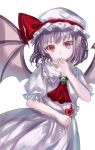  1girl ambiguous_red_liquid ascot bat_wings brooch dress highres jewelry pointy_ears purple_hair red_ascot remilia_scarlet simple_background solo suzushina touhou white_background white_dress white_mob_cap wings 