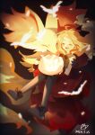  1girl :d blonde_hair blurry bracelet closed_eyes collared_shirt commentary_request dated delphox floating_hair happy holding jewelry lanter_qwq long_hair open_mouth pokemon pokemon_(creature) pokemon_xy serena_(pokemon) shirt shoes signature sleeveless sleeveless_shirt smile teeth thigh-highs upper_teeth_only 