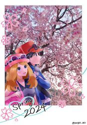  1boy 1girl 2024 :d bag black-framed_eyewear black_hair blonde_hair blue_jacket breasts calem_(pokemon) cherry_blossoms closed_mouth grey_eyes grey_shirt handbag hat highres jacket long_hair medium_breasts open_mouth photo_background pink_bag pink_hat pokemon pokemon_xy purple-tinted_eyewear rain_(tonight_862) red_hat serena_(pokemon) shirt short_hair sleeveless sleeveless_shirt smile sunglasses tinted_eyewear turtleneck turtleneck_jacket twitter_username white-framed_eyewear 