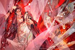  2girls 4boys black_hair black_hanfu broken broken_sword broken_weapon burning chinese_clothes clenched_teeth closed_eyes crossed_arms curtains fire fur_trim hanfu highres holding holding_sword holding_weapon lattice long_hair long_sleeves looking_at_another looking_back luo_binghe multiple_boys multiple_girls official_art open_clothes qiu_haitang red_eyes red_ribbon reflective_weapon renzha_fanpai_zijiu_xitong reverse_grip ribbon sakuramochi1003 scar scar_on_chest scroll shen_jiu_(renzha_fanpai_zijiu_xitong) shen_qingqiu smile snake su_xiyan sword teeth tianlang_jun weapon wide_sleeves xiao_guan_(headdress) zhuzhi_lang zuiyin 