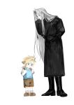  2boys age_difference aged_down backpack bag black_coat black_footwear black_shirt blonde_hair blue_eyes blue_sweater_vest boots brown_bag brown_footwear brown_shorts cloud_strife coat collared_shirt expressionless final_fantasy final_fantasy_vii full_body green_eyes grey_hair grey_socks hands_in_pockets hands_up height_difference highres knee_boots leaning_forward long_coat long_hair looking_at_another looking_down low_ponytail male_focus multiple_boys school_uniform sephiroth shirt shoes short_ponytail shorts simple_background slit_pupils smile socks spiky_hair sweater_vest takitorin time_paradox turtleneck turtleneck_shirt very_long_hair white_background white_shirt 