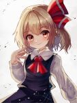  1girl ascot black_skirt black_vest blonde_hair blush closed_mouth commentary_request grey_background hair_ribbon highres long_sleeves looking_at_viewer plus2sf red_ascot red_eyes red_ribbon ribbon rumia shirt simple_background skirt smile solo touhou vest white_shirt 