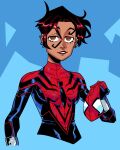  1girl alternate_skin_color animal_print blue_background bodysuit breasts commentary dark-skinned_female dark_skin earrings english_commentary highres jewelry looking_at_viewer marvel mask mayday_parker medium_breasts red_bodysuit redhead short_hair simple_background skin_tight solo spider-girl spider-man:_across_the_spider-verse spider-man_(series) spider-verse spider_print spider_web_print superhero_costume two-tone_bodysuit unworn_mask wolfsvile 
