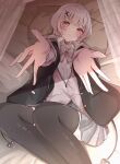  1girl asumi_sena black_coat black_thighhighs blush bow bowtie carry_me choker coat demon_tail grey_bow grey_bowtie grey_hair hair_ornament highres jacket looking_at_viewer lying miniskirt multicolored_hair on_bed pink_eyes pink_hair pink_jacket reaching reaching_towards_viewer safuapurin school_uniform shirt skirt solo streaked_hair tail thigh-highs twintails two-tone_hair virtual_youtuber vspo! white_shirt 