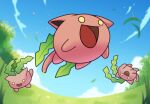  :d clouds commentary day english_commentary falling_leaves grass happy highres hoppip leaf no_humans open_mouth orlek outdoors pokemon pokemon_(creature) sky smile tongue yellow_eyes 
