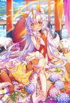  2girls :3 age_of_ishtaria animal_ears bare_legs barefoot blush closed_eyes clothing_cutout copyright_notice dark_skin dress finger_to_mouth flower hair_ornament highres horns hydrangea kneehighs komainu_(age_of_ishtaria) looking_at_viewer lying multiple_girls munlu_(wolupus) navel navel_cutout official_art on_side purple_hair rainbow red_dress shishi_(age_of_ishtaria) single_horn sitting sleeping sleeveless sleeveless_dress socks teruterubouzu thick_eyebrows torii tree yellow_eyes 