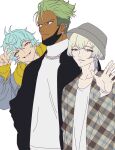  3boys anchiki_shou bad_id bad_twitter_id black_jacket black_mask blonde_hair blue_hair closed_mouth dark-skinned_male dark_skin earrings green_hair grey_hat hair_between_eyes hand_up highres jacket jewelry king_of_prism_by_prettyrhythm kisaragi_louis long_sleeves looking_at_viewer looking_to_the_side male_focus mask mask_pull mouth_mask multiple_boys necklace open_hand open_mouth peeking_out plaid plaid_jacket pretty_rhythm pretty_series shirt short_hair simple_background smile standing surgical_mask takadanobaba_jouji undercut upper_body v violet_eyes white_background white_shirt yamato_alexander yellow_eyes 