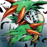  bird collarbone commentary_request digimon digimon_(creature) dragon eye_mask feathers full_body gradient_background green_feathers green_tail horns oden_(odenzzi) pteromon single_horn sketch solo violet_eyes 