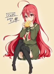  1girl ahoge black_thighhighs bow bread brown_background dated eating food full_body green_sailor_collar green_serafuku green_shirt green_skirt grey_bow highres long_hair looking_at_viewer melon_bread misaki_high_school_uniform ourah_ikuzus red_eyes redhead sailor_collar sailor_shirt school_uniform serafuku shakugan_no_shana shana shirt signature simple_background sitting skirt solo thigh-highs very_long_hair 