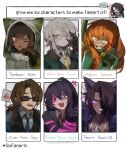  3boys 4girls artist_self-insert black_bow blood blood_on_face blue_eyes blue_hair blue_necktie bow brown_eyes brown_hair e.g.o_(project_moon) faust_(project_moon) glasses gregor_(project_moon) hair_bow heathcliff_(project_moon) heterochromia high_ponytail highres hong_lu_(project_moon) ishmael_(project_moon) limbus_company long_hair low_ponytail medium_hair multiple_boys multiple_drawing_challenge multiple_girls muu_037 necktie one_eye_closed orange_hair outis_(project_moon) parted_lips pink_eyes pink_ribbon project_moon ribbon sidelocks simple_background six_fanarts_challenge sunglasses very_long_hair violet_eyes white_background white_hair 