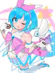  1girl bare_shoulders blue_eyes blue_hair candy chocolate detached_wings dress food heart heart-shaped_chocolate highres holding holding_chocolate holding_food kuze_makoto mega_man_(series) mega_man_x_(series) mega_man_x_dive official_alternate_costume one_eye_closed pink_ribbon pleated_skirt ribbon rico_(mega_man) short_hair skirt solo thigh-highs valentine white_background white_dress white_thighhighs wings 
