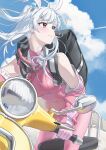  1girl absurdres alice_(nikke) animal_ears backpack bag blue_sky blush bodysuit breasts bypos character_request check_character check_copyright closed_mouth clouds commentary_request copyright_request day detached_sleeves gloves goddess_of_victory:_nikke highres long_hair medium_breasts motor_vehicle on_scooter one_side_up outdoors pink_bodysuit pink_eyes pink_gloves rabbit_ears scooter sky vespa white_hair 