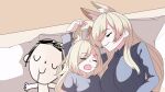  1boy 2girls animal_ear_fluff animal_ears anime_coloring blonde_hair blue_archive breasts cel_shading child closed_eyes closed_mouth collared_shirt dog_ears dog_girl doodle_sensei_(blue_archive) drooling eyes_visible_through_hair family grapeanime grey_shirt hair_over_one_eye highres kanna_(blue_archive) large_breasts long_hair long_sleeves lying multiple_girls open_mouth sensei_(blue_archive) shirt sleeping t-shirt 