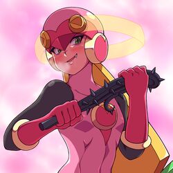  1girl black_bodysuit blonde_hair blush bodysuit commentary_request fang gloves green_eyes helmet highres holding holding_whip leotard long_hair looking_at_viewer mega_man_(series) mega_man_battle_network_(series) nobuyu_(77yusei) pink_background pink_gloves pink_helmet pink_leotard roll.exe_(mega_man) smile solo 
