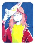 1girl blue_background blue_eyes border colored_skin fox_mask heikala highres holding holding_mask jacket letterman_jacket light_frown limited_palette looking_to_the_side mask mask_on_head original painting_(medium) pink_hair red_jacket red_ribbon ribbon shirt solo traditional_media watercolor_(medium) white_border white_skin yellow_shirt 