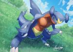  animal_focus black_sclera blue_sky closed_mouth clouds colored_sclera commentary_request garchomp highres no_humans on_grass outdoors pokemon pokemon_(creature) sharp_teeth signature sky standing tail tanpakuroom teeth yellow_eyes 