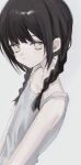  1girl 6nemua black_hair braid closed_mouth collarbone expressionless flat_chest grey_eyes grey_tank_top highres long_hair looking_at_viewer original solo tank_top twin_braids upper_body white_background 