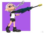  1girl black_footwear black_shorts boots closed_mouth colored_tips commentary cross-laced_footwear dolphin_shorts eyelashes full_body grey_hair grey_trim gun highres holding holding_gun holding_weapon inkling inkling_girl inkling_player_character jet_squelcher_(splatoon) long_hair looking_at_viewer madan_game multicolored_hair pointy_ears purple_background purple_hair shorts simple_background smile solo splatoon_(series) splatoon_3 standing tentacle_hair two-tone_background two-tone_hair violet_eyes weapon white_background 