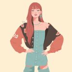  1girl animated animated_gif blackpink blue_dress blue_thighhighs blunt_bangs cowboy_shot dress earrings english_commentary facing_viewer hair_behind_ear hands_on_own_hips jacket jewelry lisa_(blackpink) long_hair looking_at_viewer necklace pixiefies simple_background thigh-highs 