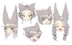  1girl :d ^_^ alten alternate_hairstyle animal_ear_fluff animal_ears blush braid brown_eyes closed_eyes commentary english_commentary facial_mark fangs flower forehead grey_hair hair_flower hair_ornament head_only highres long_hair multiple_views nia_(xenoblade) parted_bangs short_hair simple_background smile topknot twin_braids twintails white_background white_flower xenoblade_chronicles_(series) xenoblade_chronicles_2 