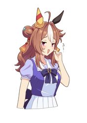  1girl ahoge animal_ears back_bow blush bow breasts brown_hair commentary_request copano_rickey_(umamusume) double_bun ear_covers ear_ornament hair_between_eyes hair_bun hair_ornament highres horse_ears horse_girl looking_at_viewer medium_breasts multicolored_hair open_mouth pink_eyes pleated_skirt puffy_short_sleeves puffy_sleeves purple_bow purple_shirt sailor_collar shirt short_sleeves simple_background skirt solo streaked_hair tassel tassel_hair_ornament umamusume upper_body white_background white_hair white_skirt yukke_jan 