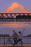  2boys alban_knox bicycle black_hair blonde_hair bridge golden_hour highres muii_1282 multiple_boys nijisanji nijisanji_en school_uniform sky sonny_brisko train 