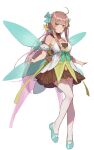  1girl ahoge aqua_ribbon ark_order bare_shoulders blue_footwear blue_ribbon blush bow breasts brown_dress brown_hair closed_mouth detached_sleeves dress fairy_(ark_order) fairy_wings flower full_body green_bow green_dress hair_ornament hairband large_breasts leg_ribbon long_hair looking_at_viewer low_ponytail multicolored_clothes multicolored_dress official_art plant puffy_short_sleeves puffy_sleeves purple_hairband purple_ribbon red_cucumber red_eyes ribbon rose shoes short_sleeves sidelocks smile solo tachi-e thigh-highs transparent_background variant_set very_long_hair white_dress white_thighhighs wings yellow_ribbon 
