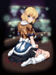  1girl arm_warmers blonde_hair breasts brown_jacket green_eyes highres jacket looking_back medium_breasts mizuhashi_parsee ootsuki_wataru pointy_ears scarf short_hair sitting solo spread_legs touhou wariza 