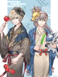  2boys 6nutqd2kwd0iqcl absurdres blonde_hair character_doll corrin_(fire_emblem) fire_emblem fire_emblem_fates fire_emblem_heroes food fox_mask grey_hair high_ponytail highres holding holding_food holding_popsicle japanese_clothes leo_(fire_emblem_fates) leo_(yukata)_(fire_emblem_fates) male_focus mask multiple_boys official_alternate_costume popsicle takumi_(fire_emblem) takumi_(yukata)_(fire_emblem) tomato wolf_mask 
