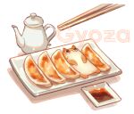  cat chopsticks dumpling food food-themed_creature food_focus food_name jiaozi no_humans original plate sauce soy_sauce suzaku_(zaku6584) teapot 