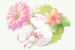  ;) blush closed_mouth commentary_request flower green_eyes highres holding holding_flower no_humans one_eye_closed pink_ribbon pokemon pokemon_(creature) remedy_matome ribbon shaymin shaymin_(land) smile solo white_background 