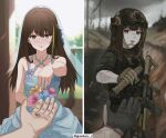  1girl ammunition artist_name girls_frontline holding_hands long_hair m4_carbine m4a1 m4a1_(girls_frontline) magazine_(weapon) military military_uniform ring smile split_screen trigger_discipline wedding_dress 