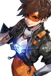  1girl armor cropped_jacket hankuri head-mounted_display looking_at_viewer orange_hair overwatch shoulder_armor simple_background smile solo tracer_(overwatch) white_background 