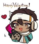  1girl animification apex_legends aqua_shirt box brown_eyes brown_hair chibi hair_between_eyes happy_valentine heart holding holding_box open_mouth portrait riku_(ururi7610) shirt short_hair smile valentine vantage_(apex_legends) white_background 