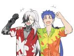  2boys ahoge black_hair blue_hair boothill_(honkai:_star_rail) closed_eyes crossover cu_chulainn_(fate) earrings fang fate/stay_night fate_(series) hand_on_another&#039;s_shoulder hawaiian_shirt high_ponytail honkai:_star_rail honkai_(series) jewelry long_hair male_focus mechanical_arms multicolored_hair multicolored_shirt multiple_boys red_shirt robot shark_tooth shirt smile two-tone_hair upper_body wawahj0907_tt white_background white_hair 