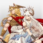  2girls animal_ear_fluff animal_ears arknights armband armor blonde_hair bow_(weapon) braid breastplate brown_eyes cape dlanon gauntlets holding holding_bow_(weapon) holding_weapon horse_ears horse_girl horse_tail implied_extra_ears laurel_crown long_hair multiple_girls nearl_(arknights) platinum_(arknights) red_cape tail weapon white_hair winged_hair_ornament 