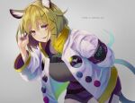  1girl animal_ears arknights black_nails blonde_hair blue_tail breasts grey_background grey_sweater highres jacket long_sleeves looking_at_viewer open_clothes open_jacket puffy_long_sleeves puffy_sleeves short_hair smile solo sweater takechi_akinobu upper_body utage_(arknights) violet_eyes 