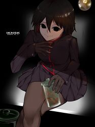  1girl androgynous artist_name back_hair black_eyes black_gloves black_jacket black_skirt bob_cut breasts brown_pantyhose closed_mouth colored_inner_hair dark dated empty_eyes feet_out_of_frame gakuran gloves hair_between_eyes hand_up highres holding holding_jar iknsk jacket jar light_bulb looking_at_viewer looking_up medium_breasts monogatari_(series) multicolored_hair on_bench oshino_ougi pantyhose pleated_skirt red_trim redhead school_uniform short_hair sitting skirt smile solo spotlight 