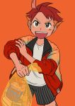  1boy :d adjusting_sleeves ahoge alternate_costume bag black_shorts commentary cowboy_shot crispin_(pokemon) elizabeth_(tomas21) happy highres holding holding_bag jacket legs_apart male_focus open_clothes open_jacket open_mouth orange_background pokemon pokemon_sv red_jacket redhead shirt short_hair shorts simple_background smile solo striped_clothes striped_shorts teeth tongue upper_teeth_only vertical-striped_clothes vertical-striped_shorts white_shirt 