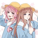  2girls adjusting_clothes adjusting_headwear bang_dream! bang_dream!_it&#039;s_mygo!!!!! blue_eyes blue_shirt brown_hair chihaya_anon commentary_request fang grey_eyes hand_up hat highres kindergarten_uniform long_hair long_sleeves multiple_girls nagasaki_soyo name_tag open_mouth parted_lips pink_hair school_hat shirt simple_background smile upper_body white_background yellow_hat yeyep0911 
