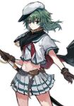  1girl black_cape black_gloves blue_sailor_collar cape closed_mouth crop_top eyepatch gloves green_eyes green_hair hat highres holding holding_sword holding_weapon kantai_collection kiso_(kancolle) kiso_kai_ni_(kancolle) looking_at_viewer midriff nataro_1116 neckerchief pleated_skirt red_neckerchief sailor_collar school_uniform serafuku sheath short_sleeves simple_background skirt solo sword unsheathing weapon white_background white_hat 
