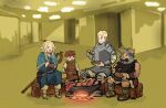  1girl 3boys backrooms_(creepypasta) bowl campfire chilchuck_tims cooking dungeon_meshi eating full_body holding holding_bowl holding_spoon indoors laios_touden looking_at_another marcille_donato multiple_boys senshi_(dungeon_meshi) sitting sketch smile spoon tenten_(chan4545) 