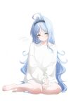  1girl ahoge bare_legs barefoot blue_hair blush borrowed_character commentary_request full_body hairband highres long_hair looking_at_viewer original second-party_source simple_background sitting smile solo sweater toes usurai_rairai white_background white_sweater yellow_eyes 